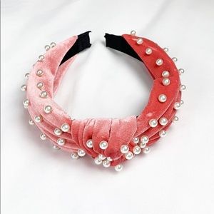 Velvet Pearl Knotted Headband- Coral
